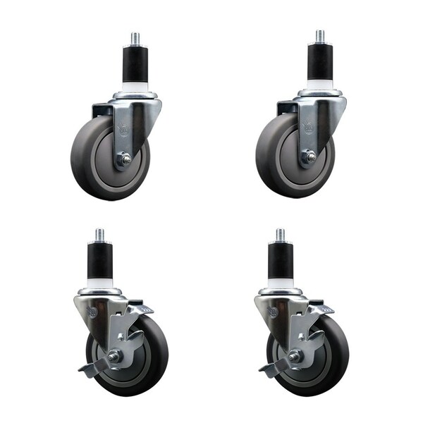 4'' Thermoplastic Rubber Wheel Swivel 1-1/2'' Expanding Stem Caster Set 2 Brakes, 4PK